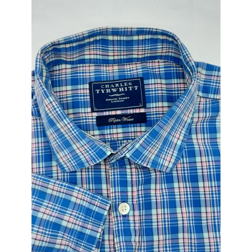 Charles Tyrwhitt Mens Plaid Poplin Weave Short Sleeve Button Down Shirt LARGE